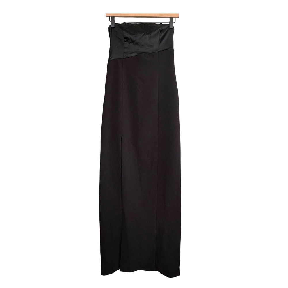 White Fox Formal Maxi‎ Dress Sz Small Chic Strapless Satin High Slit Black Tie
